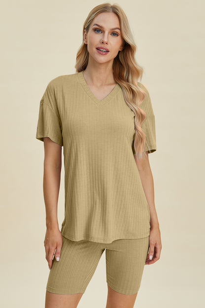 Basic Bae | Full Size Ribbed Knit V-Neck Short Sleeve Top and Shorts Set