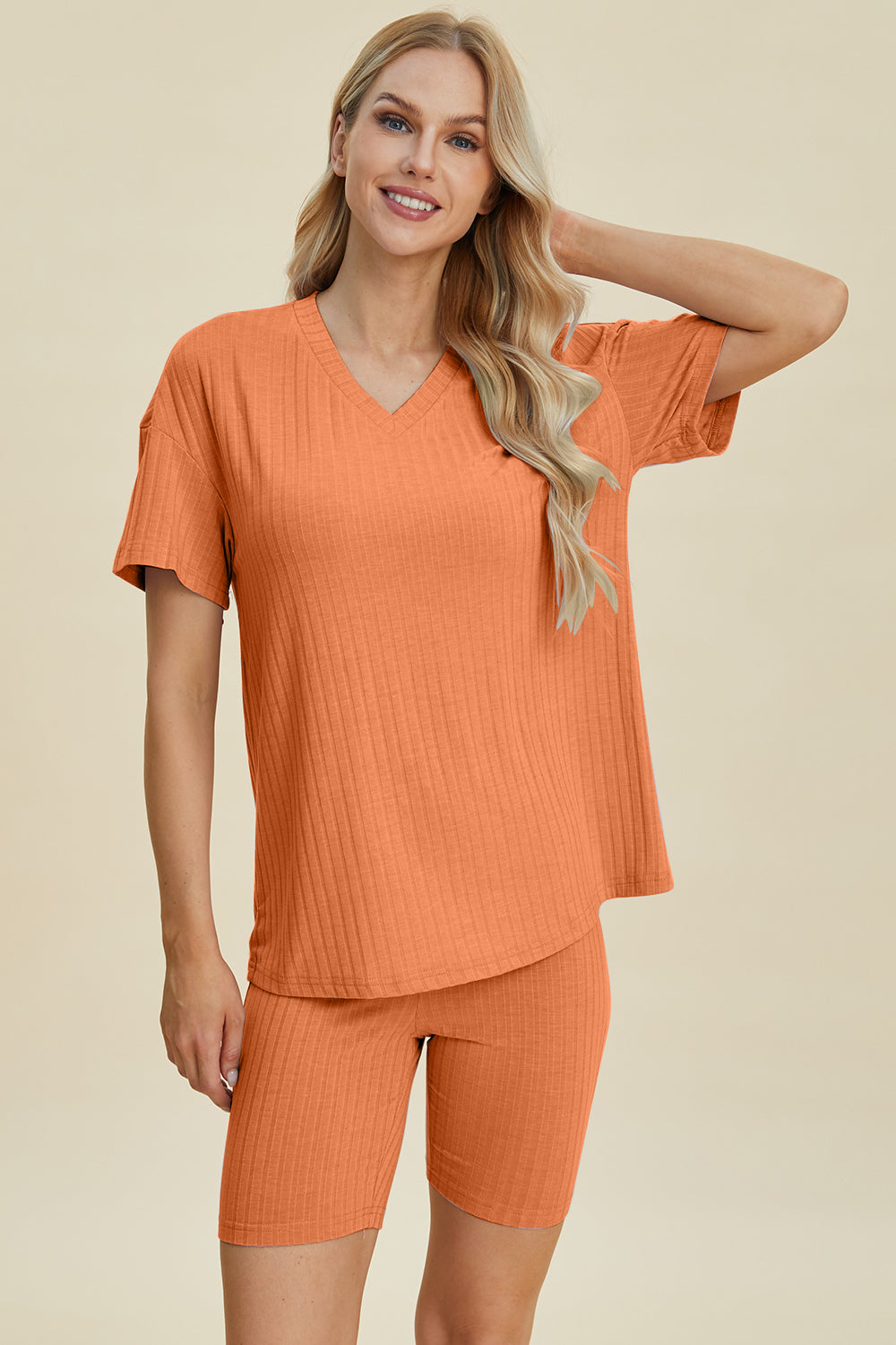 Basic Bae | Full Size Ribbed Knit V-Neck Short Sleeve Top and Shorts Set